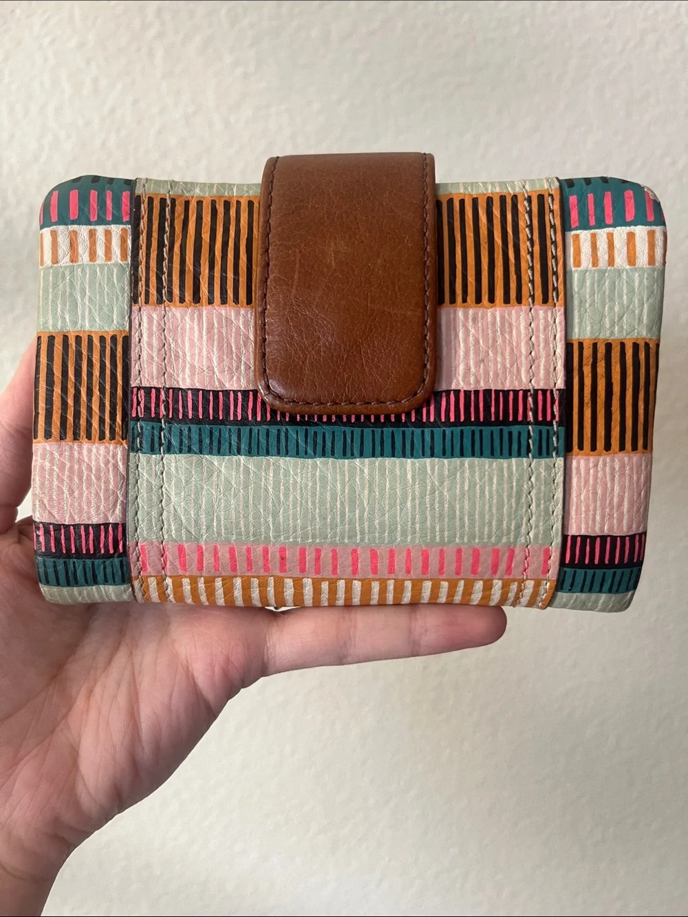Fossil Brown Leather Wallet with Multicolor Stripe Accent